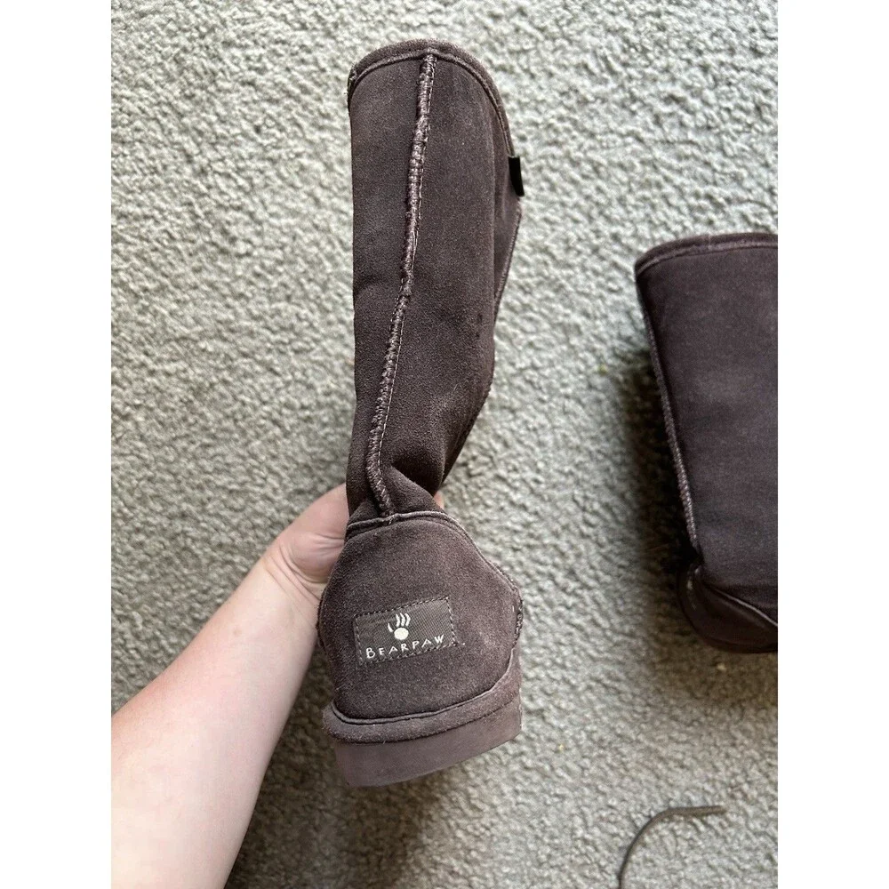 BearPaw Emma Tall Suede Sheepskin Lined Flat Casual Boots Size 9 Dark Brown